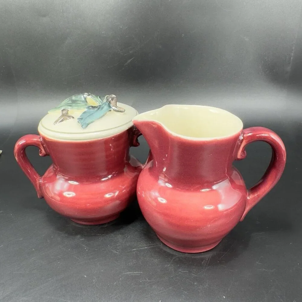 1940s Red Wing Normandy Pottery Burgundy‎ Sugar And Creamer Set 2 With Lid VTG